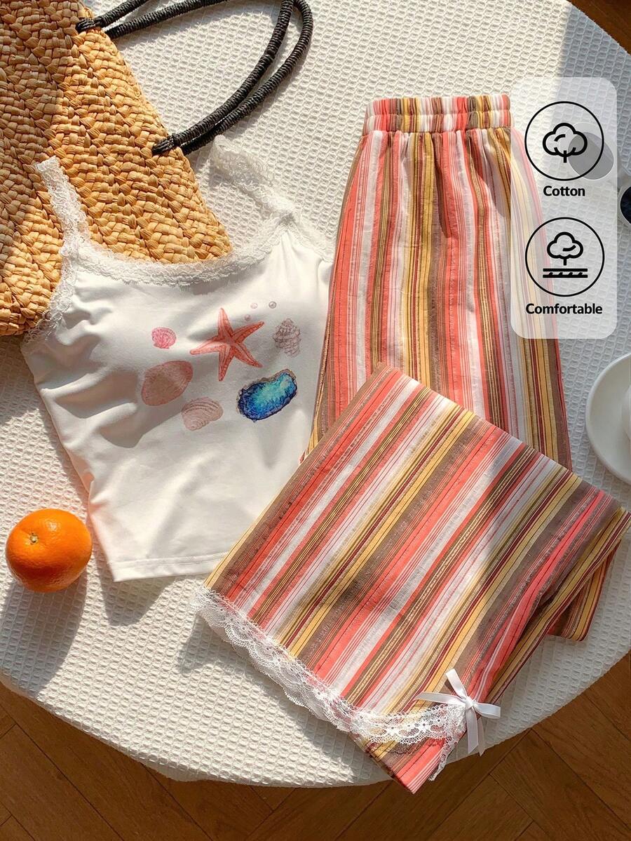 Ženski komplet  Majica sa Čipkastim Rubom i Prugaste Pantalone