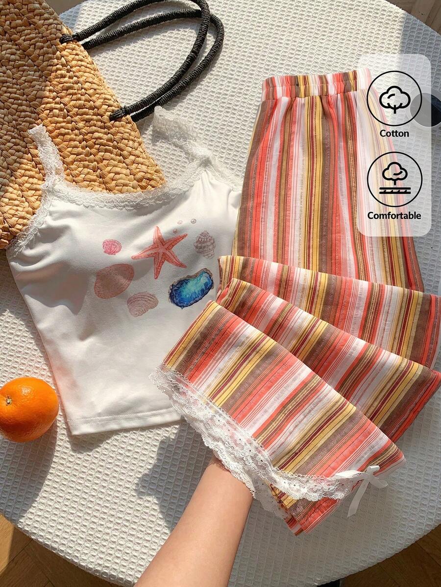 Ženski komplet  Majica sa Čipkastim Rubom i Prugaste Pantalone