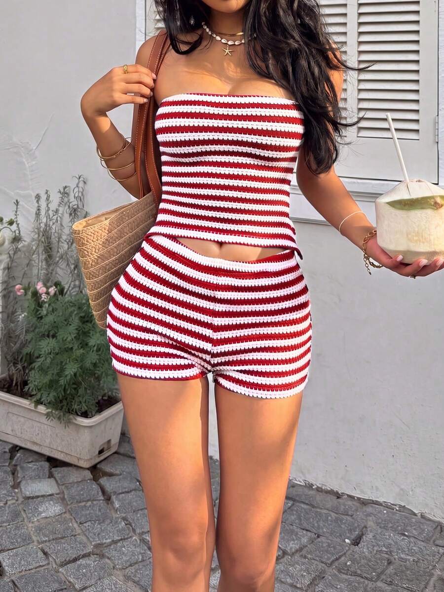 2kom/Set Ženski Casual -Prugasti Top bez Leđa i šorts