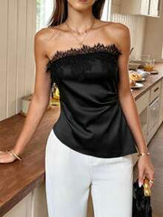 Women's Solid Color Sleeveless Strapless Lace Patchwork Top,Black Top Holiday Tops,Sexy Women's Tops For Daily Travel, And Vacation Summer