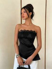 Women's Solid Color Sleeveless Strapless Lace Patchwork Top,Black Top Holiday Tops,Sexy Women's Tops For Daily Travel, And Vacation Summer