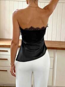 Women's Solid Color Sleeveless Strapless Lace Patchwork Top,Black Top Holiday Tops,Sexy Women's Tops For Daily Travel, And Vacation Summer