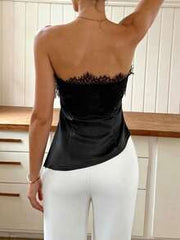 Women's Solid Color Sleeveless Strapless Lace Patchwork Top,Black Top Holiday Tops,Sexy Women's Tops For Daily Travel, And Vacation Summer