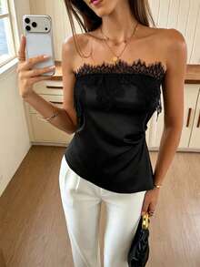 Women's Solid Color Sleeveless Strapless Lace Patchwork Top,Black Top Holiday Tops,Sexy Women's Tops For Daily Travel, And Vacation Summer