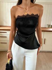 Women's Solid Color Sleeveless Strapless Lace Patchwork Top,Black Top Holiday Tops,Sexy Women's Tops For Daily Travel, And Vacation Summer
