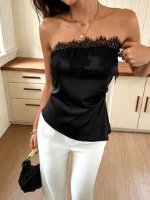 Women's Solid Color Sleeveless Strapless Lace Patchwork Top,Black Top Holiday Tops,Sexy Women's Tops For Daily Travel, And Vacation Summer