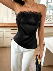 Women's Solid Color Sleeveless Strapless Lace Patchwork Top,Black Top Holiday Tops,Sexy Women's Tops For Daily Travel, And Vacation Summer