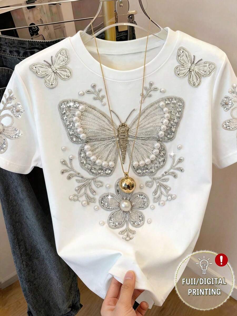 Bela i Srebrna Elegantna Letnja Bela Majica sa Kratkim Rukavima