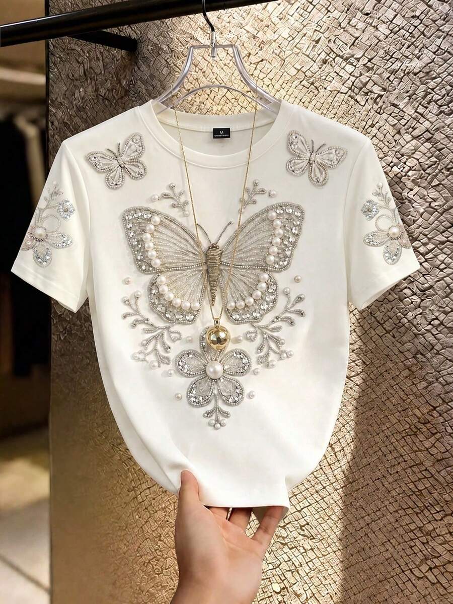 Bela i Srebrna Elegantna Letnja Bela Majica sa Kratkim Rukavima
