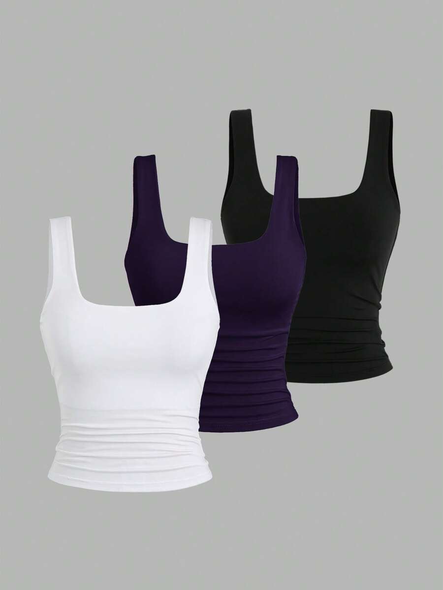 Sweetra Ženska Letnja Majica – Kvadratni Izrez, Nabran Slim Fit Casual Top
