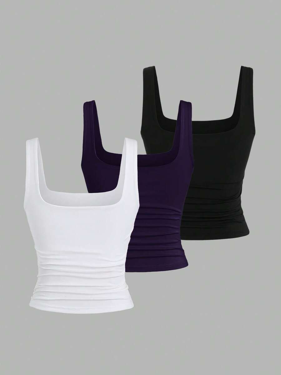 Sweetra Ženska Letnja Majica – Kvadratni Izrez, Nabran Slim Fit Casual Top