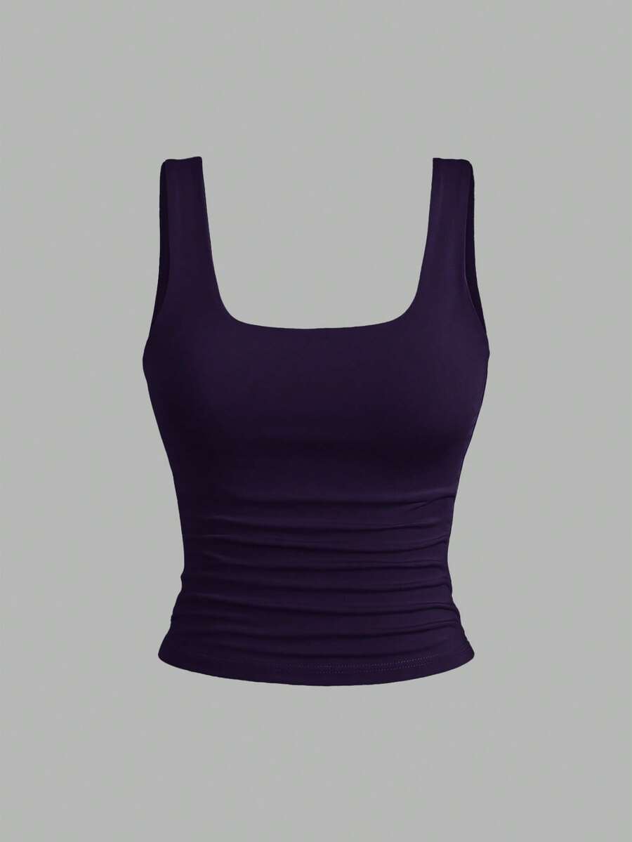 Sweetra Ženska Letnja Majica – Kvadratni Izrez, Nabran Slim Fit Casual Top