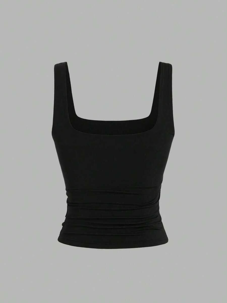 Sweetra Ženska Letnja Majica – Kvadratni Izrez, Nabran Slim Fit Casual Top