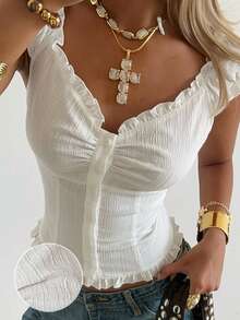 SHEIN EZwear Summer Vacation Outfitsruffle Tops White Woven Ruffle Trim Button-Up Shirt For Women,Summer Top