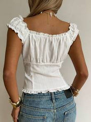 SHEIN EZwear Summer Vacation Outfitsruffle Tops White Woven Ruffle Trim Button-Up Shirt For Women,Summer Top