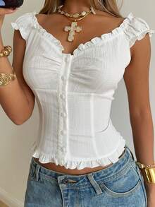 SHEIN EZwear Summer Vacation Outfitsruffle Tops White Woven Ruffle Trim Button-Up Shirt For Women,Summer Top