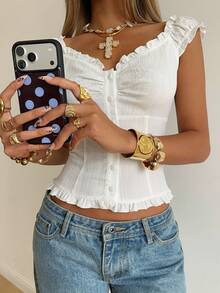 SHEIN EZwear Summer Vacation Outfitsruffle Tops White Woven Ruffle Trim Button-Up Shirt For Women,Summer Top