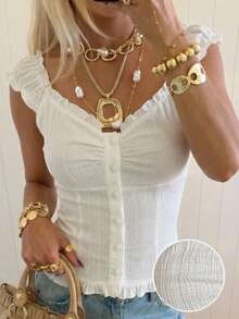 SHEIN EZwear Summer Vacation Outfitsruffle Tops White Woven Ruffle Trim Button-Up Shirt For Women,Summer Top
