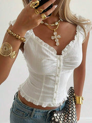 SHEIN EZwear Summer Vacation Outfitsruffle Tops White Woven Ruffle Trim Button-Up Shirt For Women,Summer Top