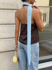 Aloruh Women's Spring/Summer New Brown Top, Lace Patchwork Top, Brown And Blue, Canelé Style Clothing, Women's Outing Top, Women's Tank Top, Women's Shirt, Women's Satin Top