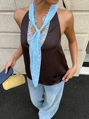 Aloruh Women's Spring/Summer New Brown Top, Lace Patchwork Top, Brown And Blue, Canelé Style Clothing, Women's Outing Top, Women's Tank Top, Women's Shirt, Women's Satin Top
