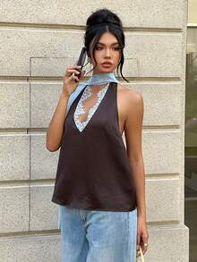 Aloruh Women's Spring/Summer New Brown Top, Lace Patchwork Top, Brown And Blue, Canelé Style Clothing, Women's Outing Top, Women's Tank Top, Women's Shirt, Women's Satin Top