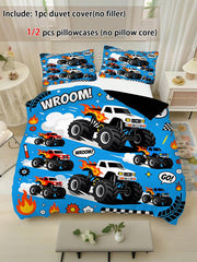 Set za posteljinu sa jorganom  plavi print Monster Truck