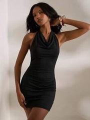 Opulessa Knit Bodycon Halter Neck Mini Dress For Women,Summer Dresses For Women,Party Club Night Dresses For Women Black Gold