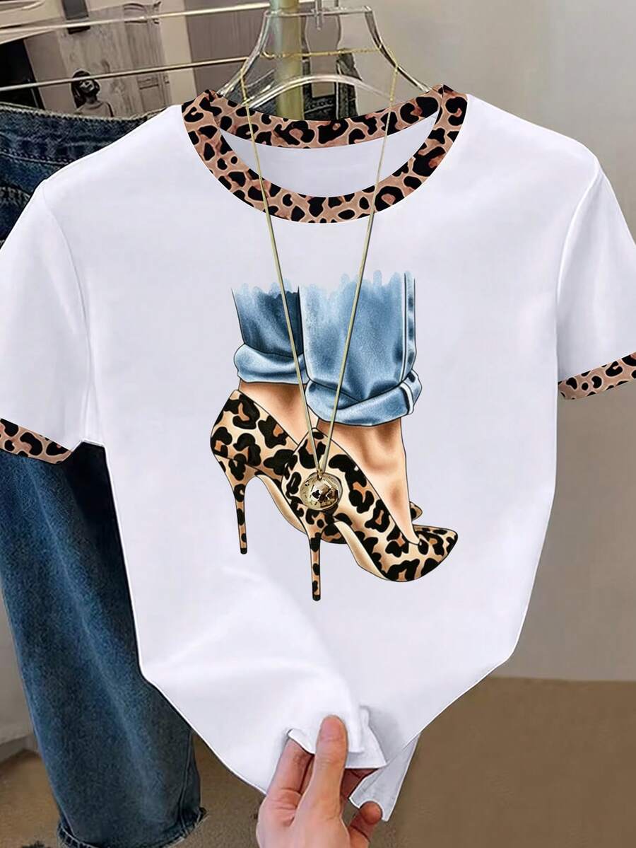 Resyla Leopard Print Patchwork Design High Heel Shoes Pattern Printed Round Neck Short Sleeve T-Shirt