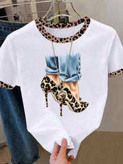 Resyla Leopard Print Patchwork Design High Heel Shoes Pattern Printed Round Neck Short Sleeve T-Shirt