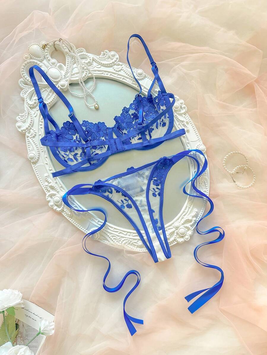 Crystal Vow 2 kom/set ženski donji veš set u nebesko plavoj boji sa vezom i pertlanjem