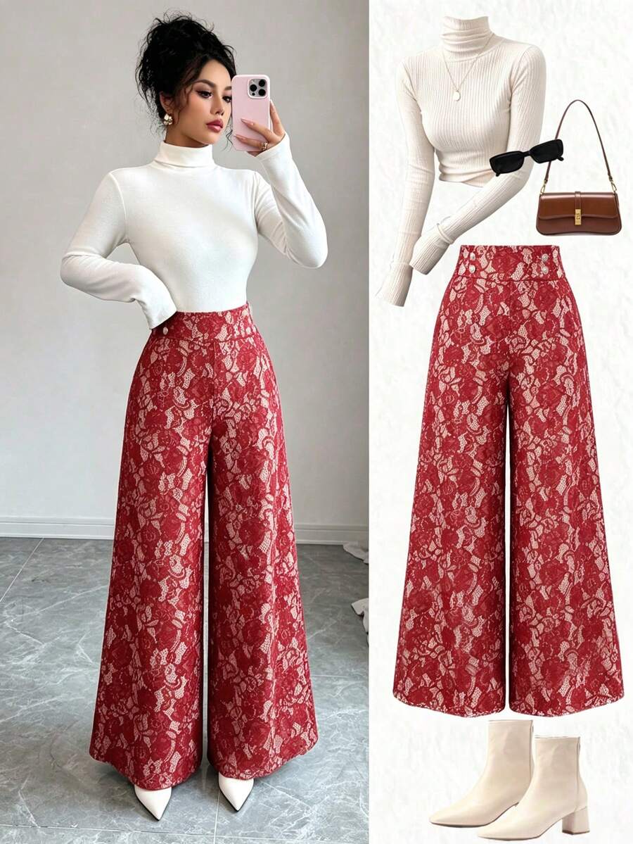 Ženske letnje elegantne pantalone sa čipkom i raširenim nogavicama, visokog struka