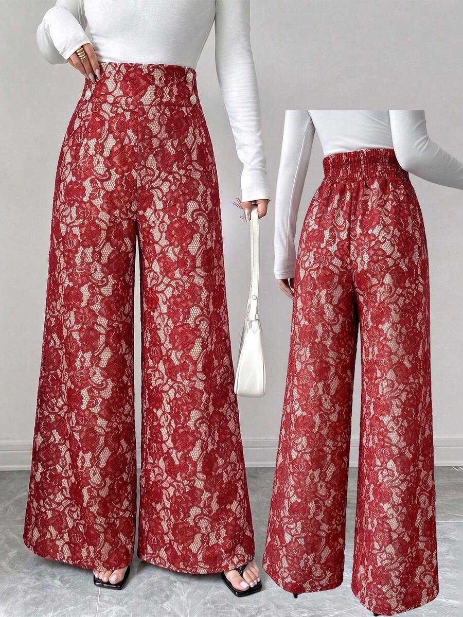 Ženske letnje elegantne pantalone sa čipkom i raširenim nogavicama, visokog struka