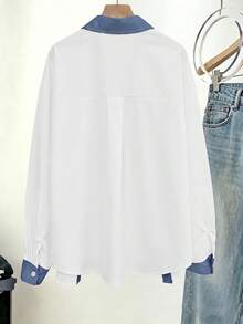 Women's Casual White & Blue Denim Patchwork Long Sleeve Button-Down Shirt, Embroidered Design, Button Front, Women's Shirt, Fun Shirt