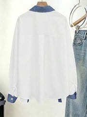 Women's Casual White & Blue Denim Patchwork Long Sleeve Button-Down Shirt, Embroidered Design, Button Front, Women's Shirt, Fun Shirt
