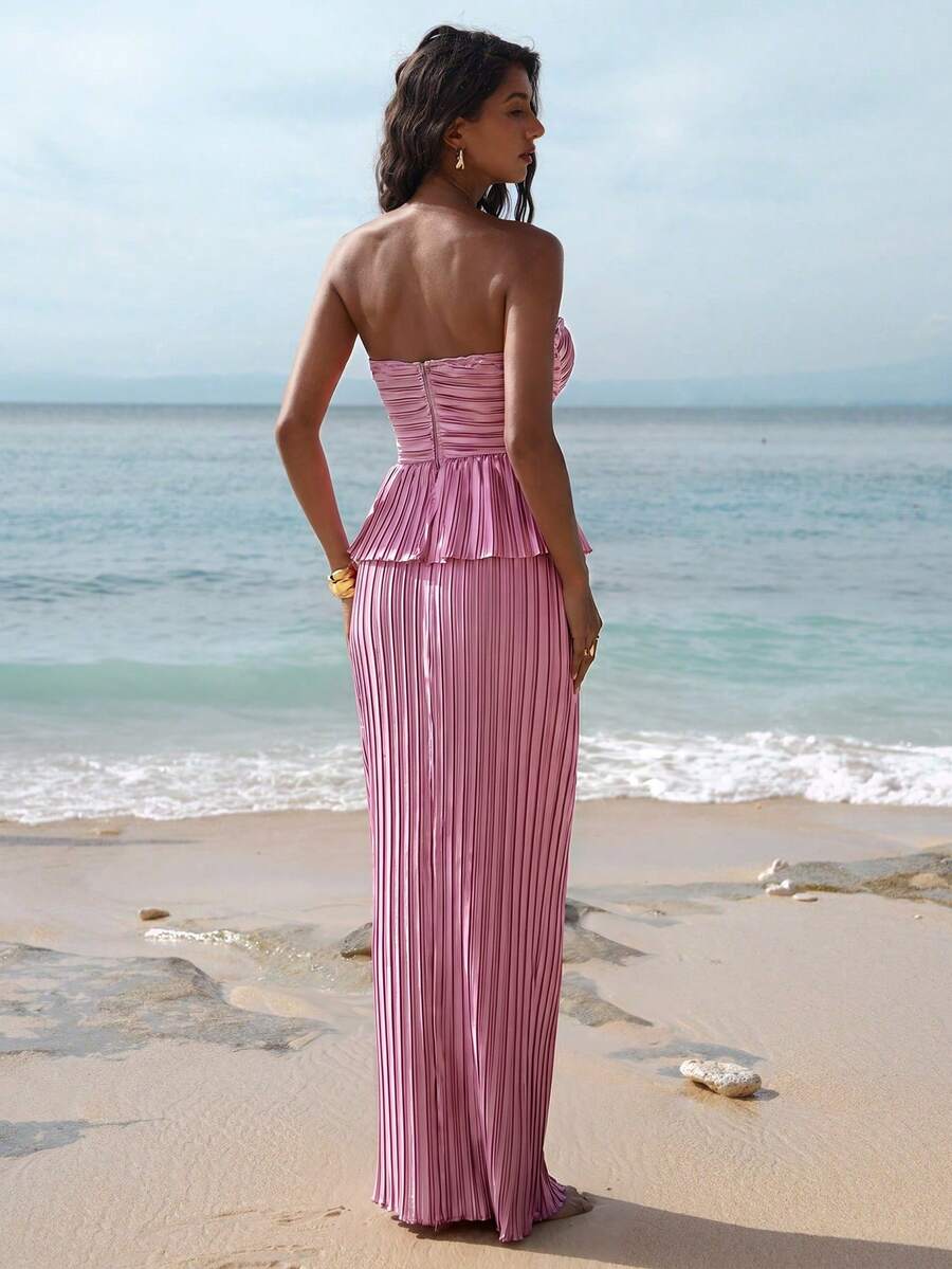 Ženski  Claret Bandeau Top & Suknja sa Visokim Strukom i Sirena Porubom