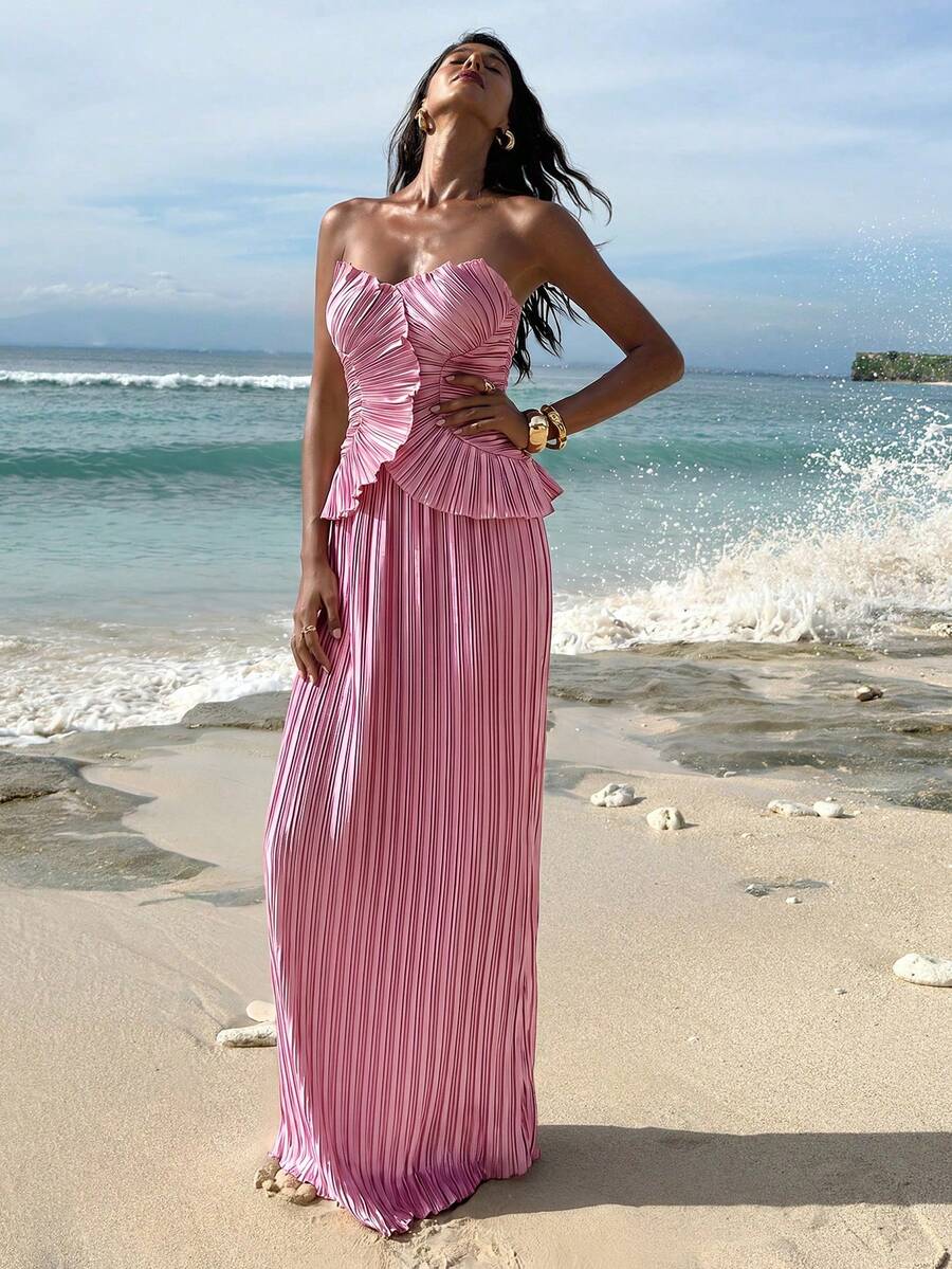 Ženski  Claret Bandeau Top & Suknja sa Visokim Strukom i Sirena Porubom