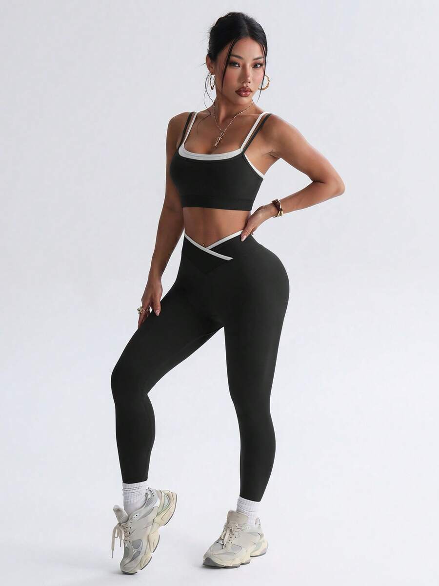 Bešavni ženski set za fitnes i svaki dan, visoko elastičan, sportski, sa efektom zatezanja struka i podizanja zadnjice