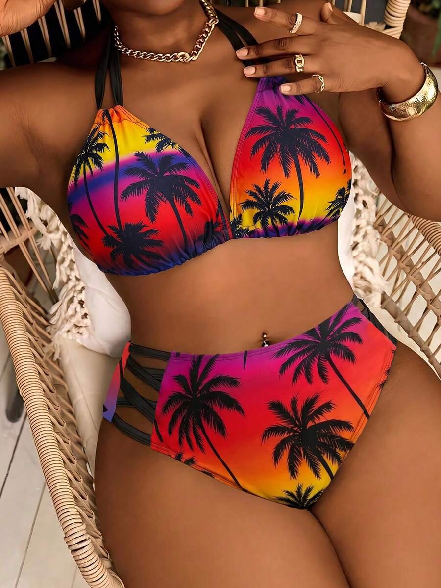 Seksi dvodeli bikini set sa printom i tankim kaišićima, plus size