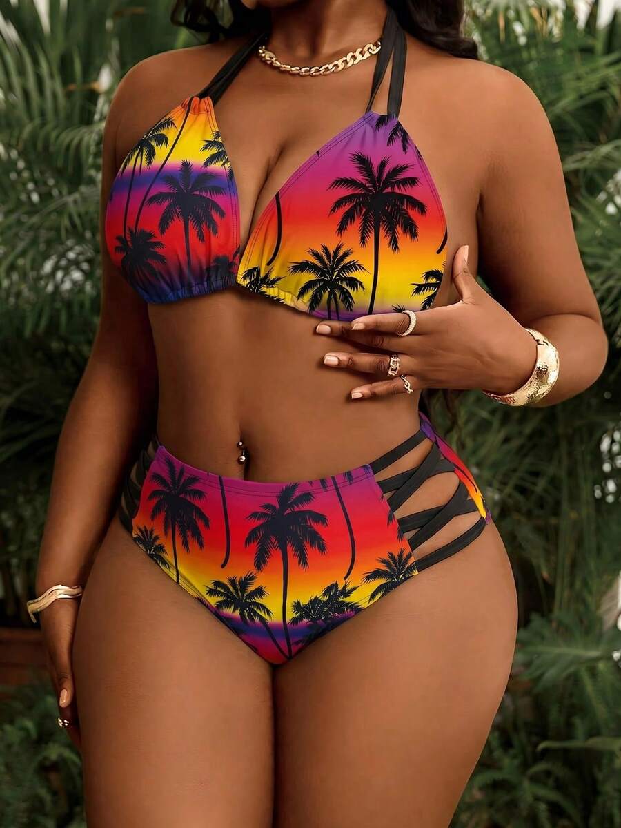Seksi dvodeli bikini set sa printom i tankim kaišićima, plus size