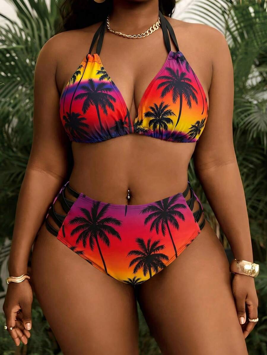 Seksi dvodeli bikini set sa printom i tankim kaišićima, plus size
