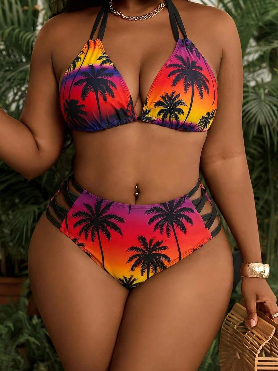 Seksi dvodeli bikini set sa printom i tankim kaišićima, plus size