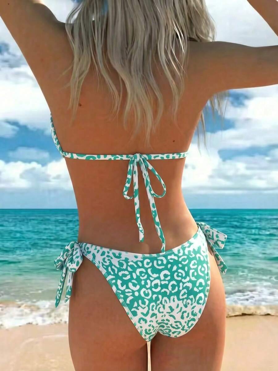 Ženski modni dvodelni bikini set, dekoracija zvezdica i leopard print, visoka elastičnost