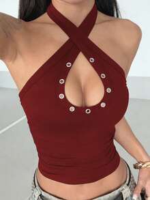 StreetHx Solid Color Halter Backless Sleeveless Hollow Out Fitted Cropped Tank Top For Summer