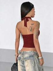 StreetHx Solid Color Halter Backless Sleeveless Hollow Out Fitted Cropped Tank Top For Summer