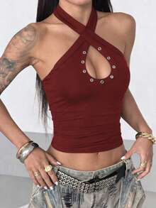 StreetHx Solid Color Halter Backless Sleeveless Hollow Out Fitted Cropped Tank Top For Summer