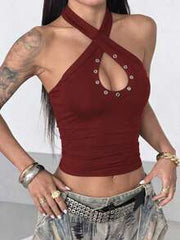 StreetHx Solid Color Halter Backless Sleeveless Hollow Out Fitted Cropped Tank Top For Summer