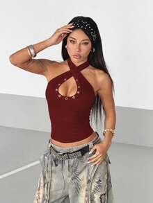 StreetHx Solid Color Halter Backless Sleeveless Hollow Out Fitted Cropped Tank Top For Summer