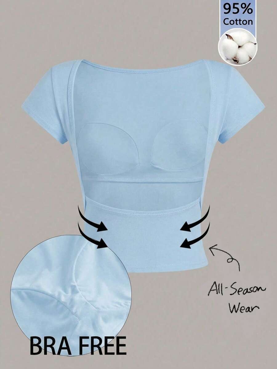 Tseoso Cotton Padded Casual Minimalist Versatile All-Match Bra-Free Backless Round Neck White T-Shirt For Women, Summer Vacation Outfit