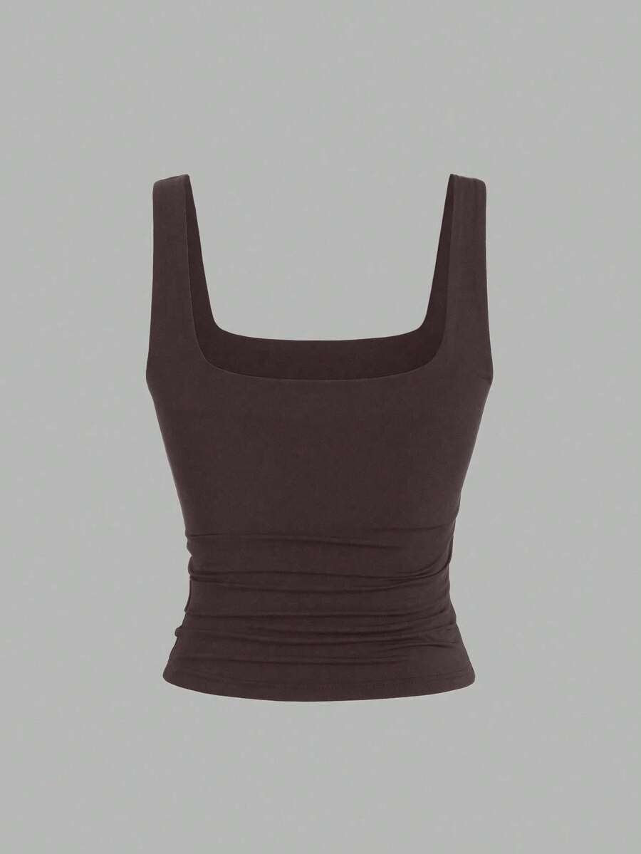 Sweetra Ženska Letnja Majica – Kvadratni Izrez, Nabran Slim Fit Casual Top